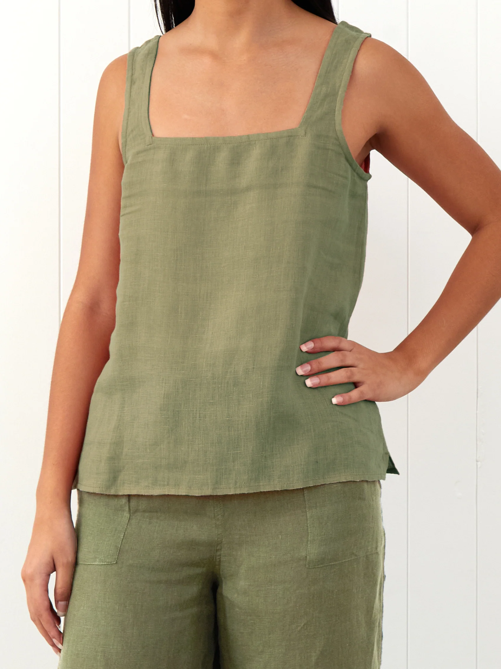Amalfi Linen Singlet Top in Cactus - Image 3