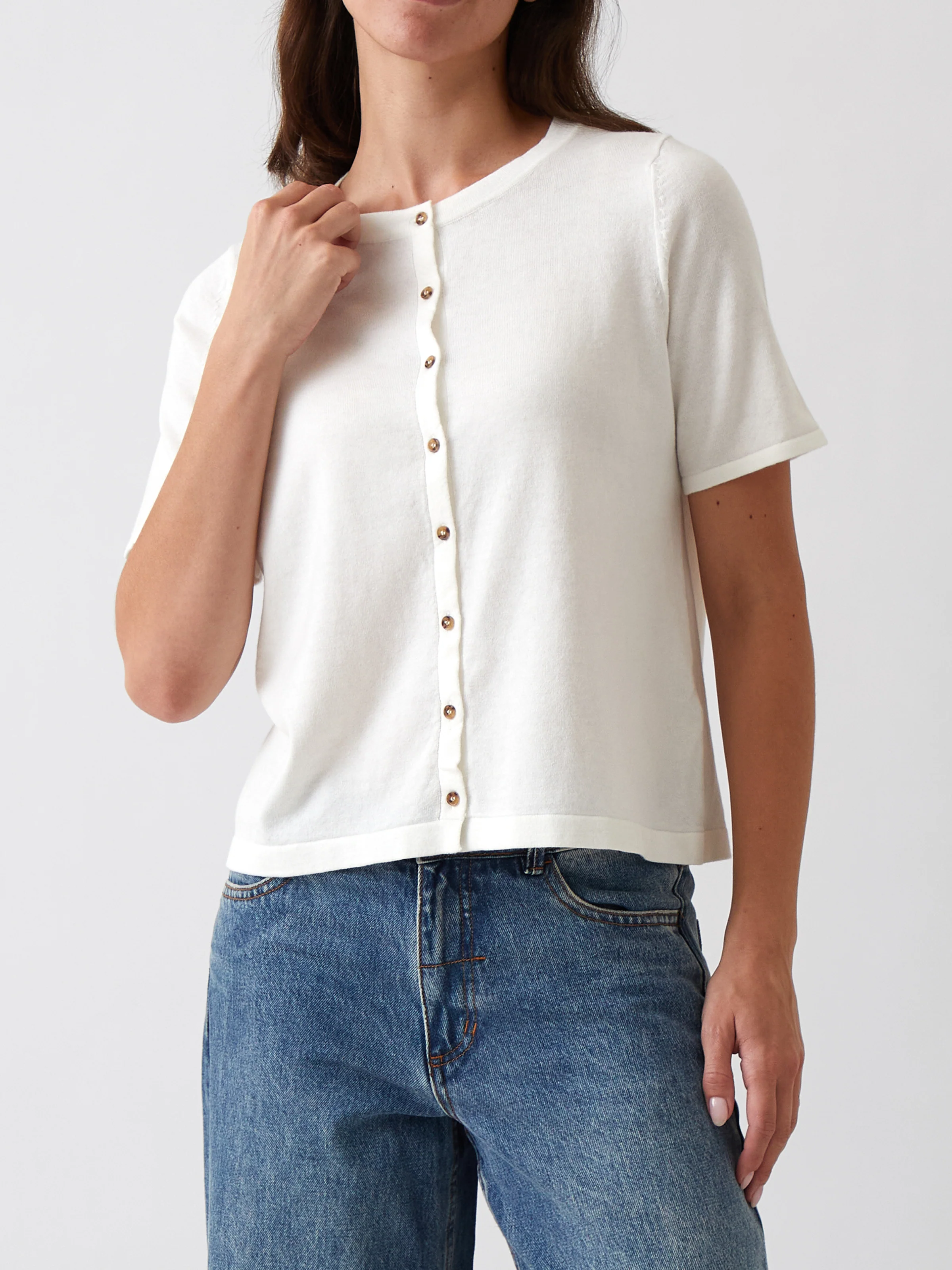 Cotton Cashmere Button Tee in Ivory