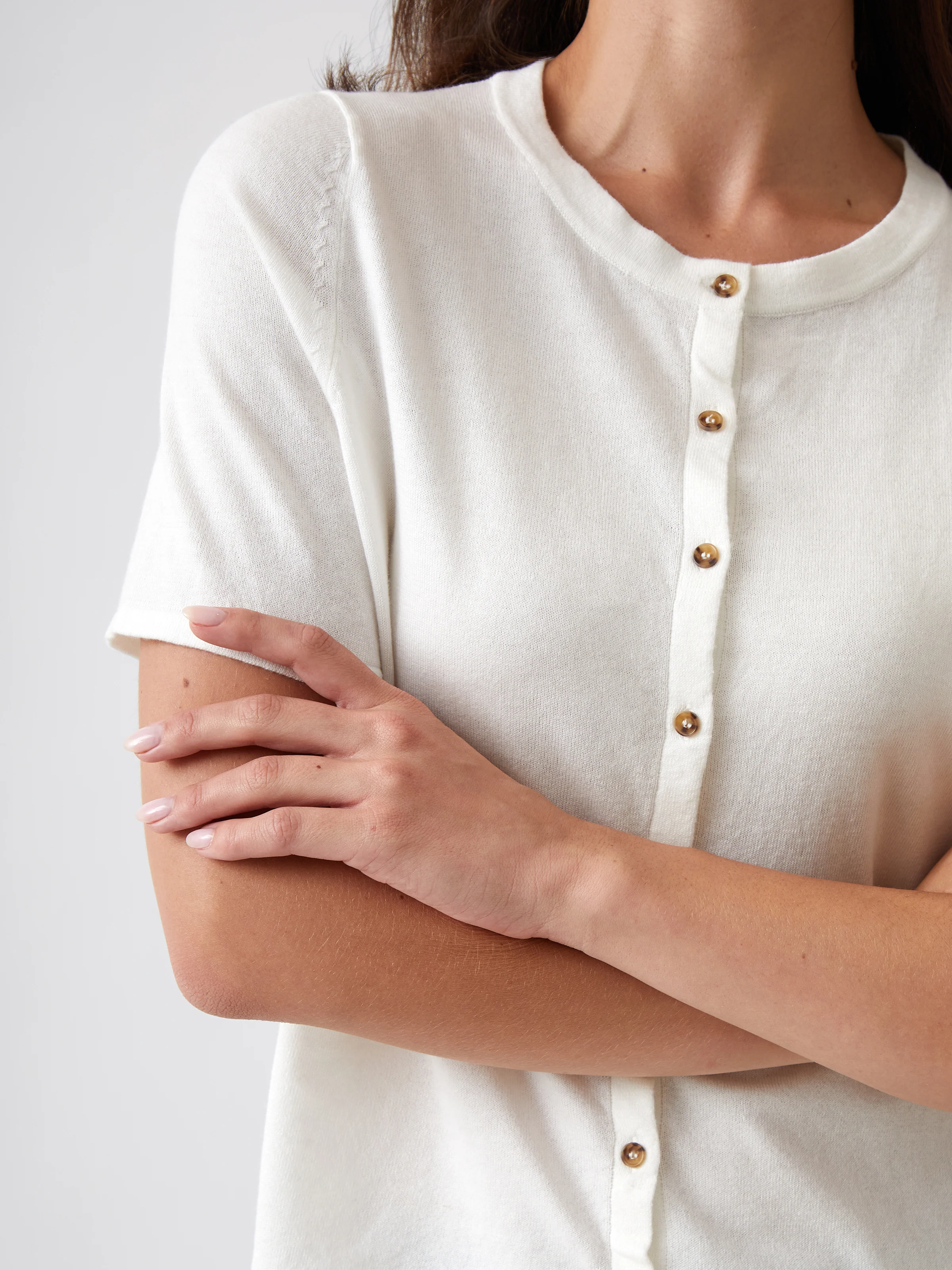 Cotton Cashmere Button Tee in Ivory - Image 2