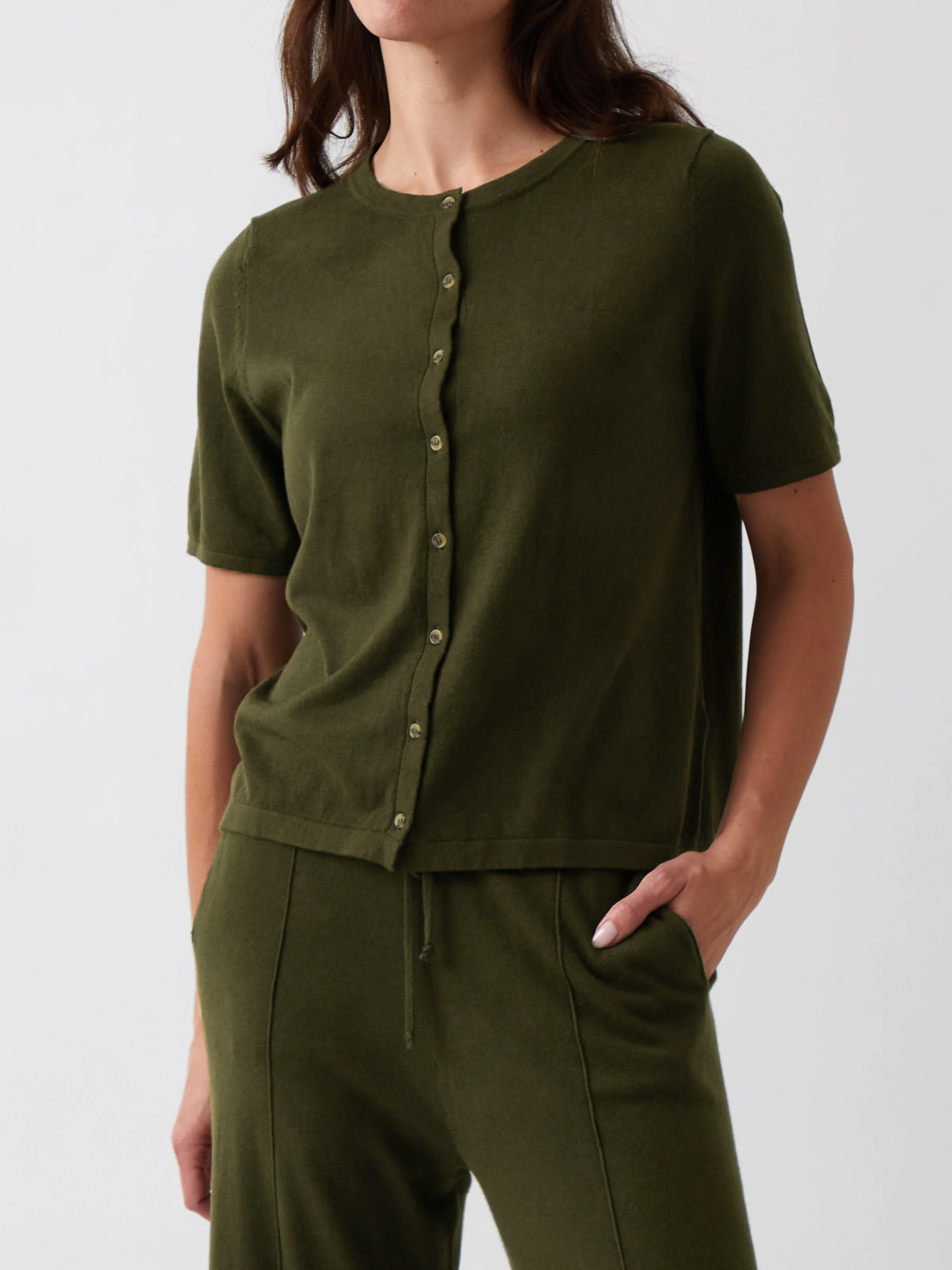 Cotton Cashmere Button Tee in Olive