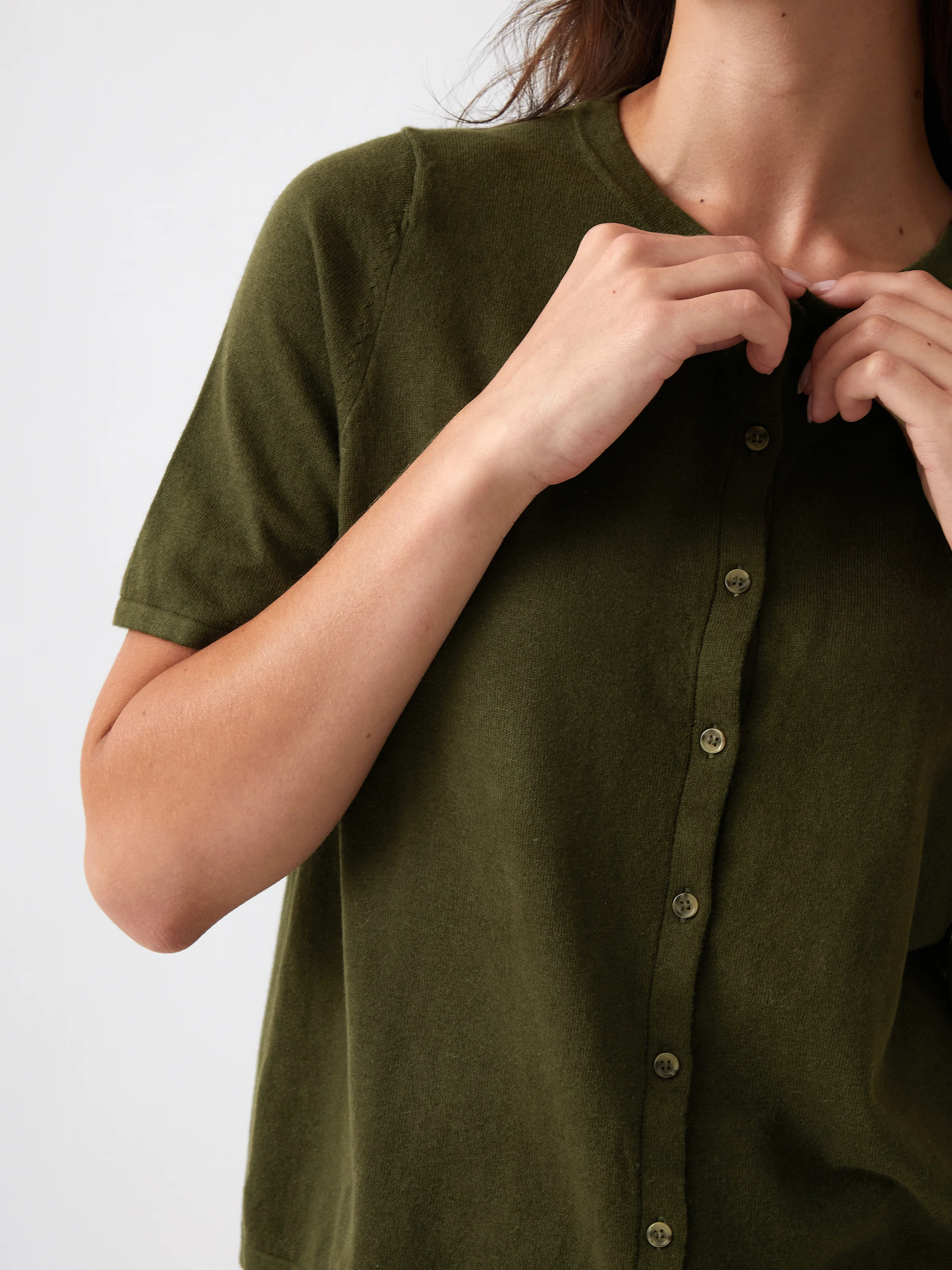 Cotton Cashmere Button Tee in Olive - Image 2