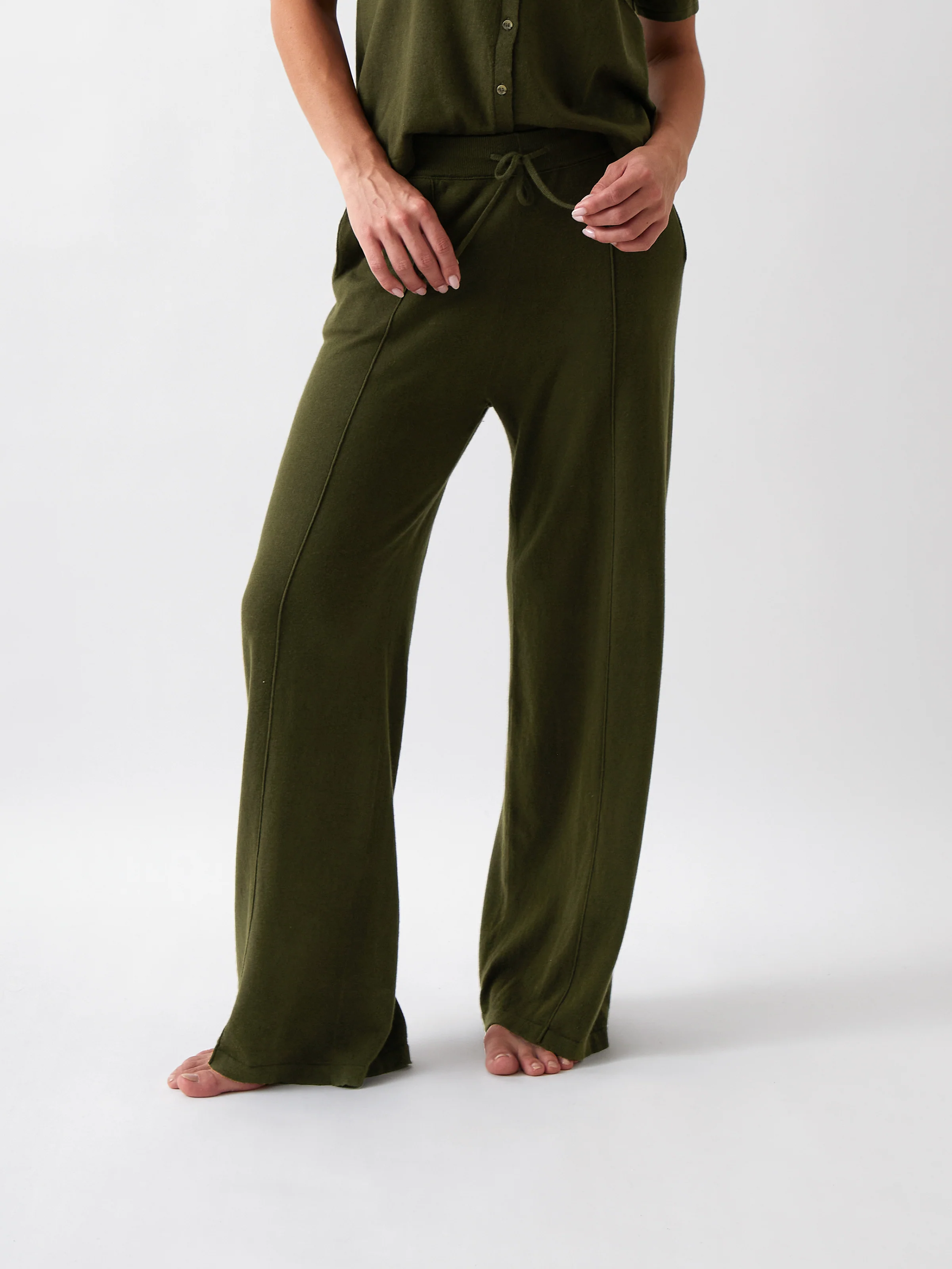 Cotton Cashmere Wide Leg Lounge Pants in Olive