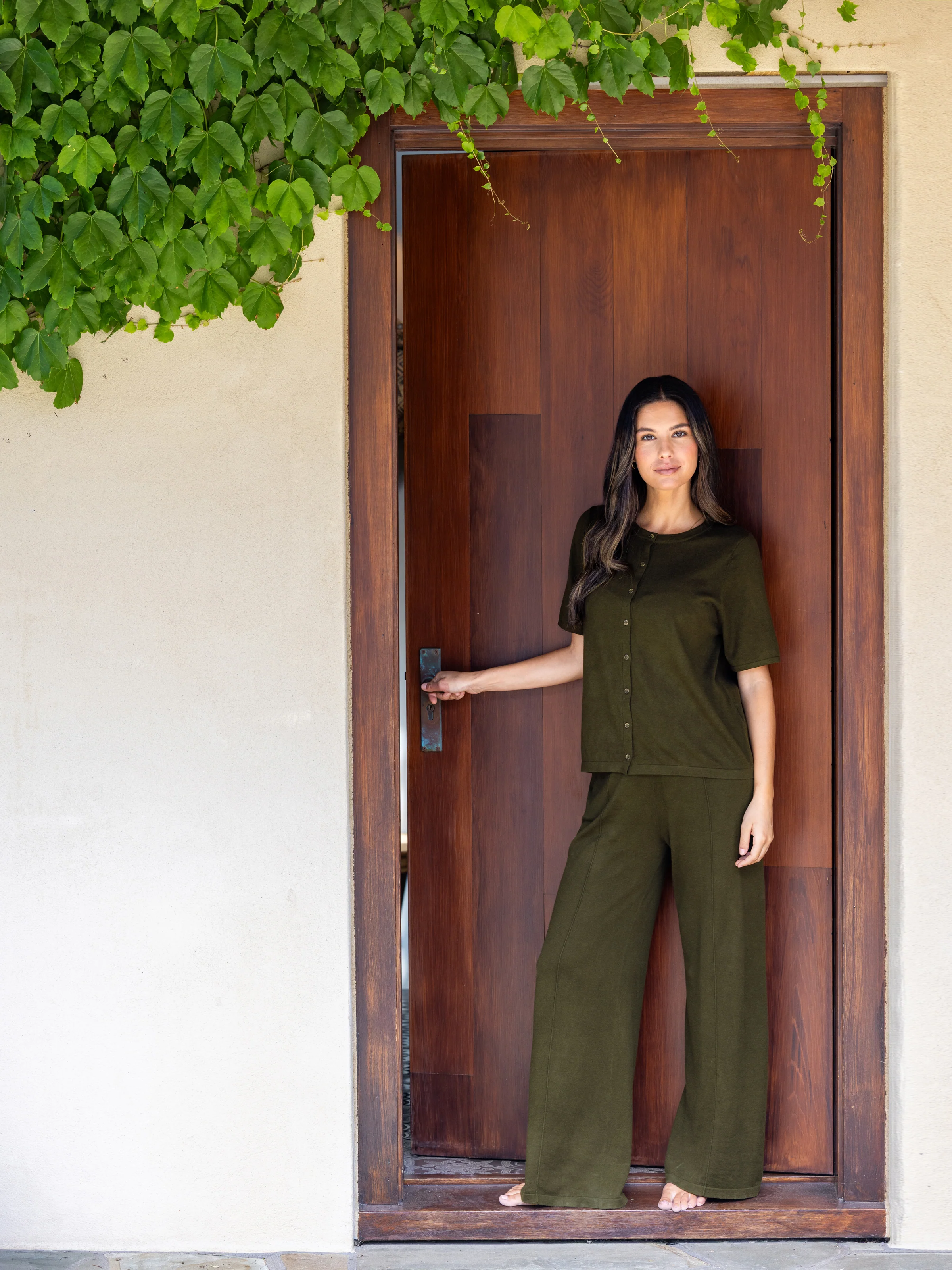 Cotton Cashmere Wide Leg Lounge Pants in Olive - Image 3