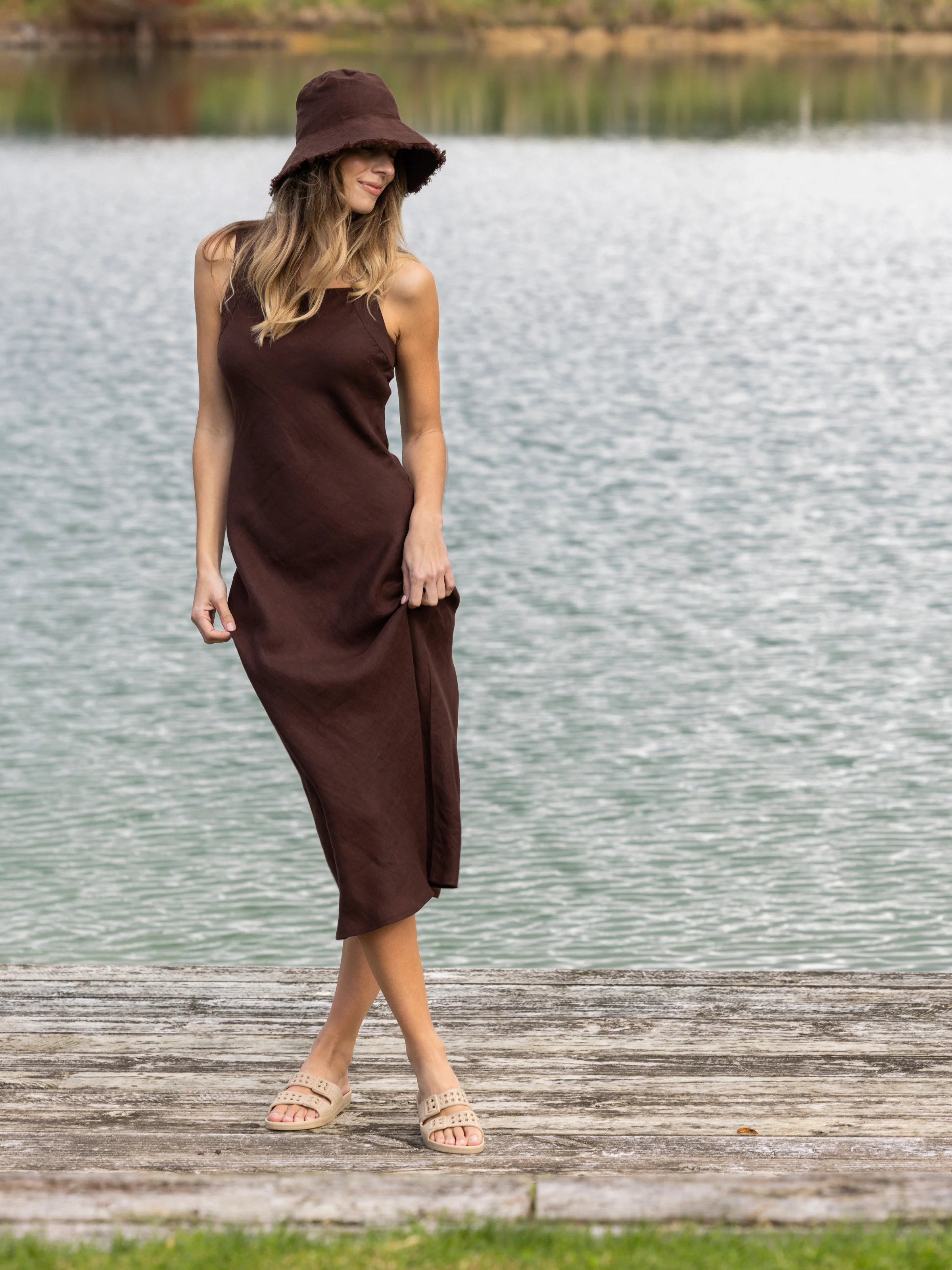 Monaco Linen Bias Dress in Chocolate - Image 3