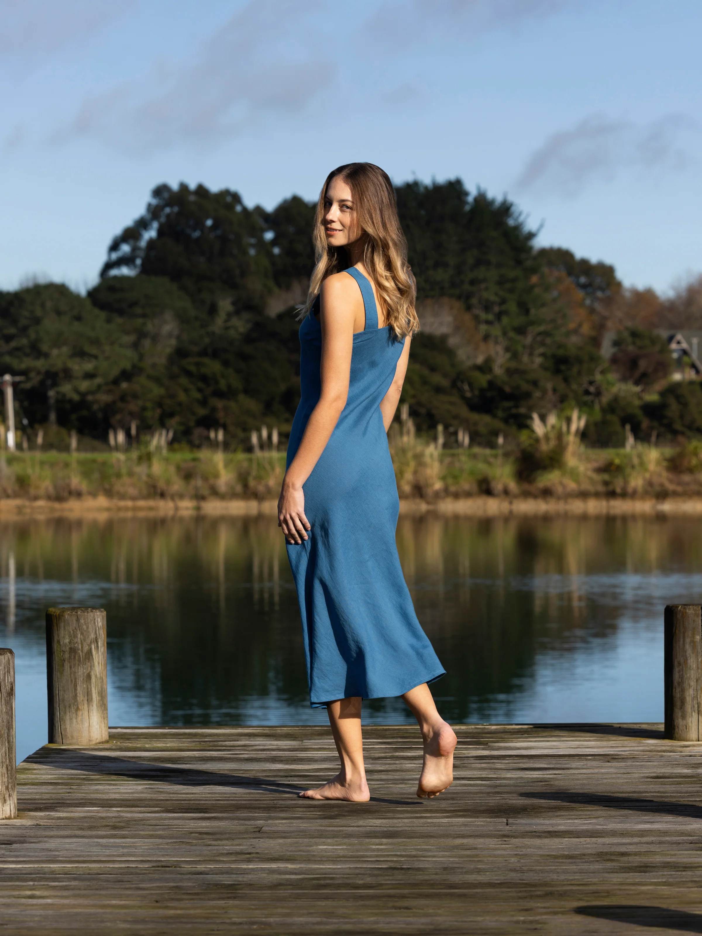 Monaco Linen Bias Dress in Ocean - Image 3