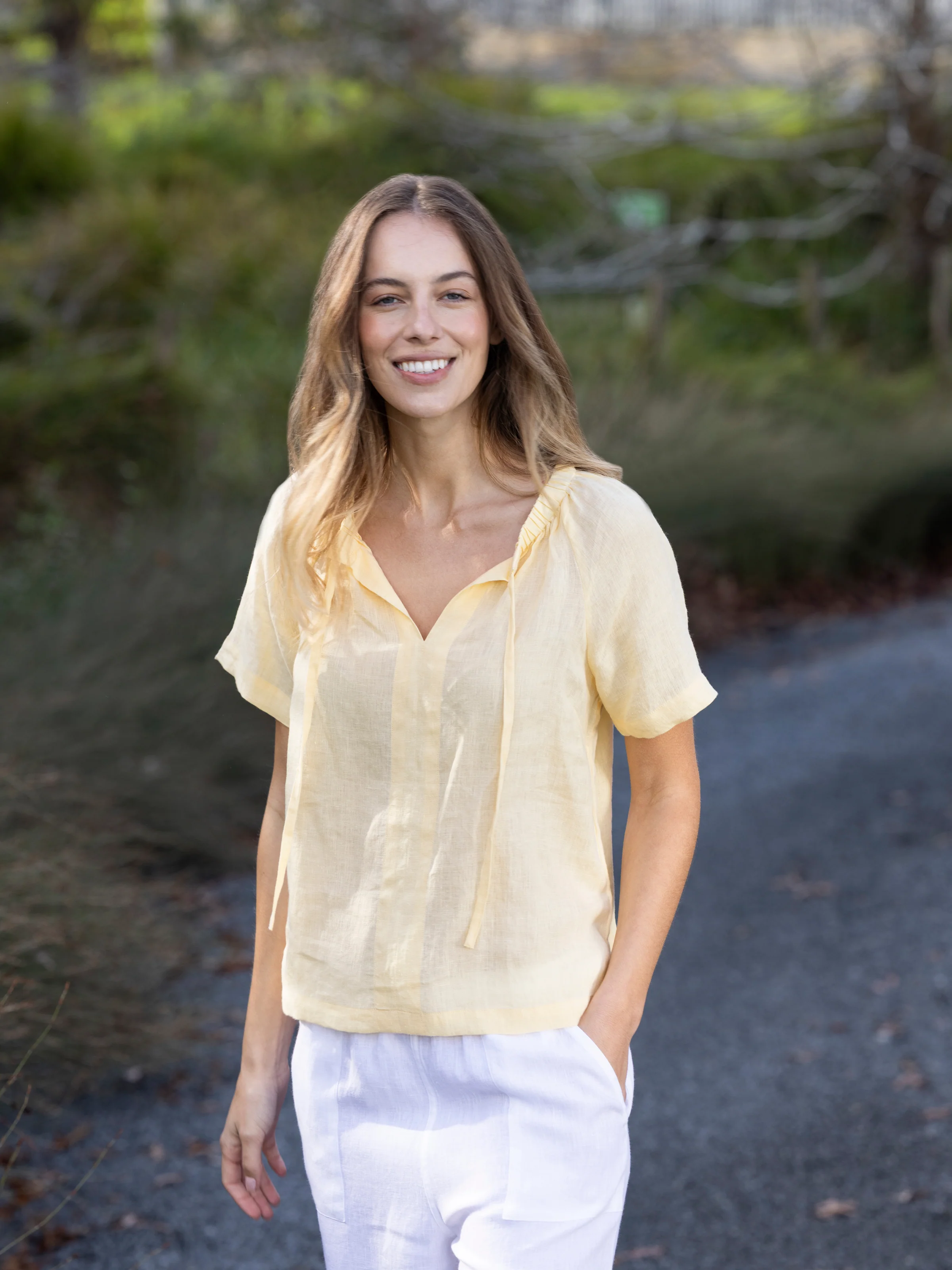 Monaco Linen Gathered Top in Butter - Image 3