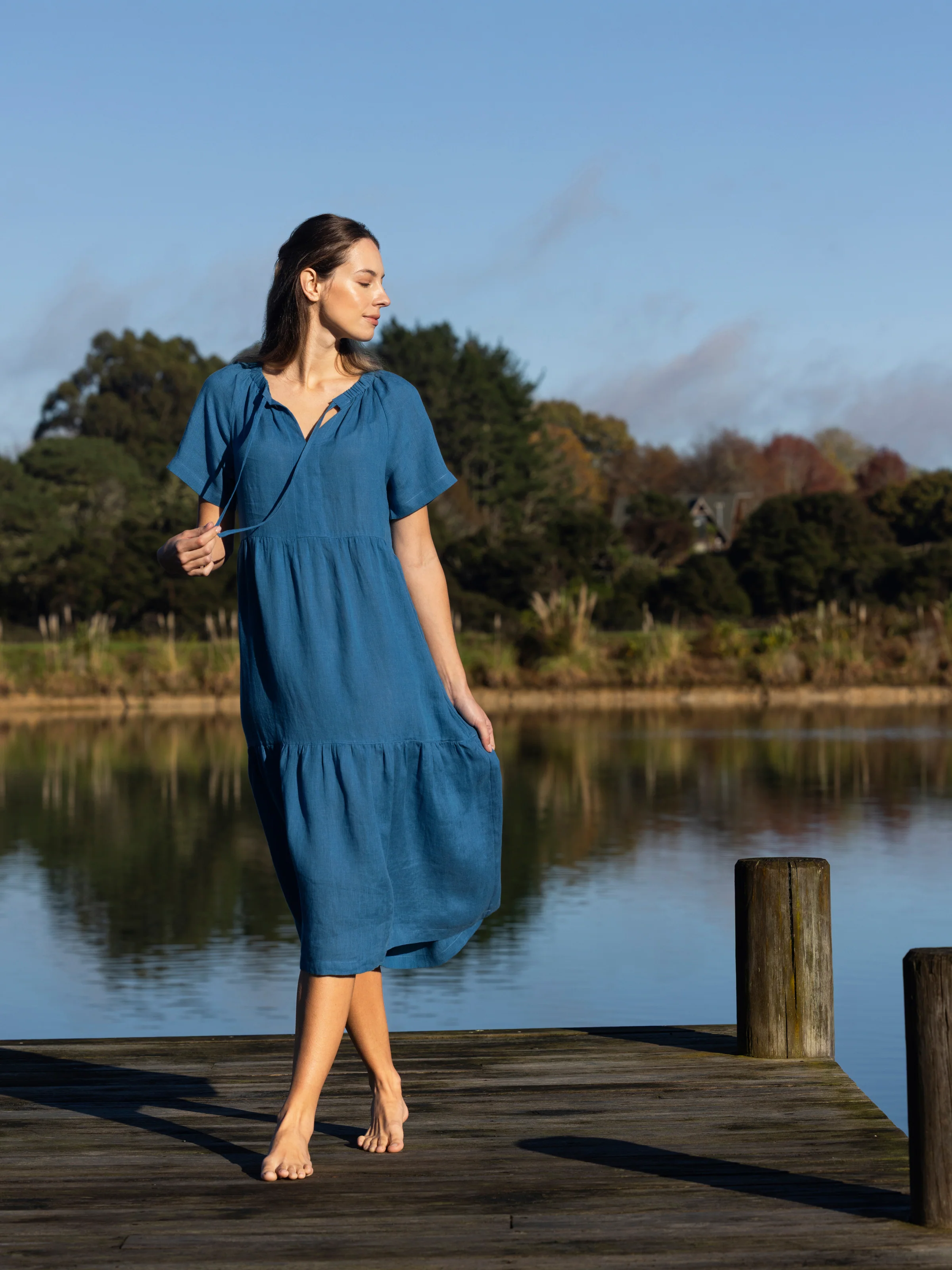 Monaco Linen Tier Dress in Ocean - Image 3