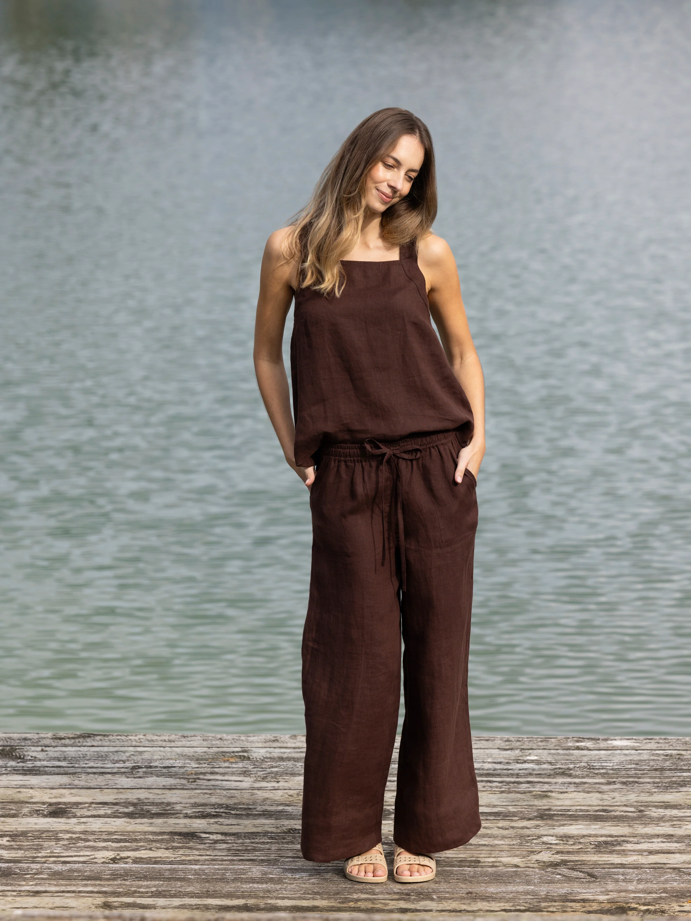Monaco Linen Wide Strap Top in Chocolate - Image 3