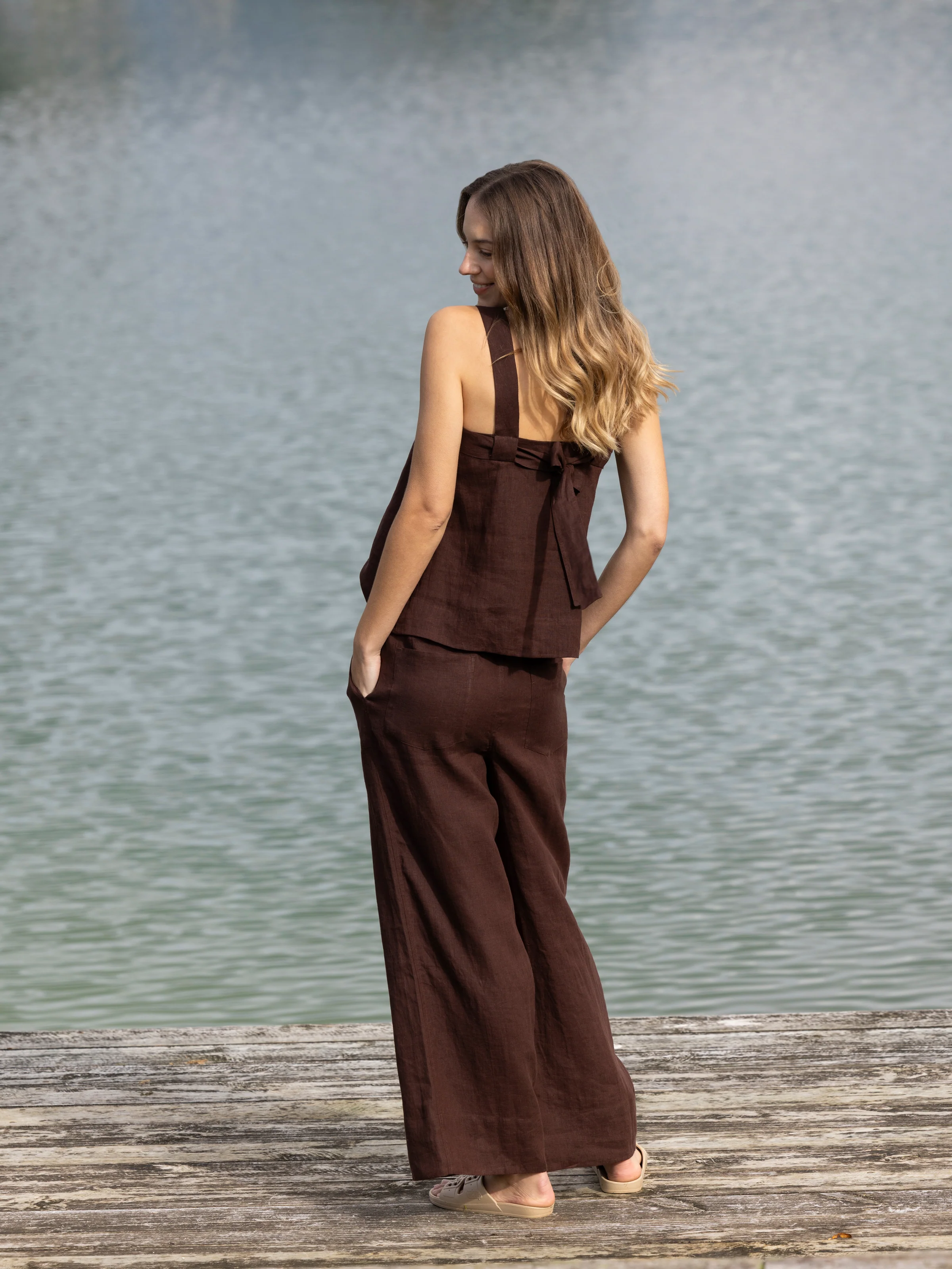 Monaco Linen Wide Strap Top in Chocolate - Image 5
