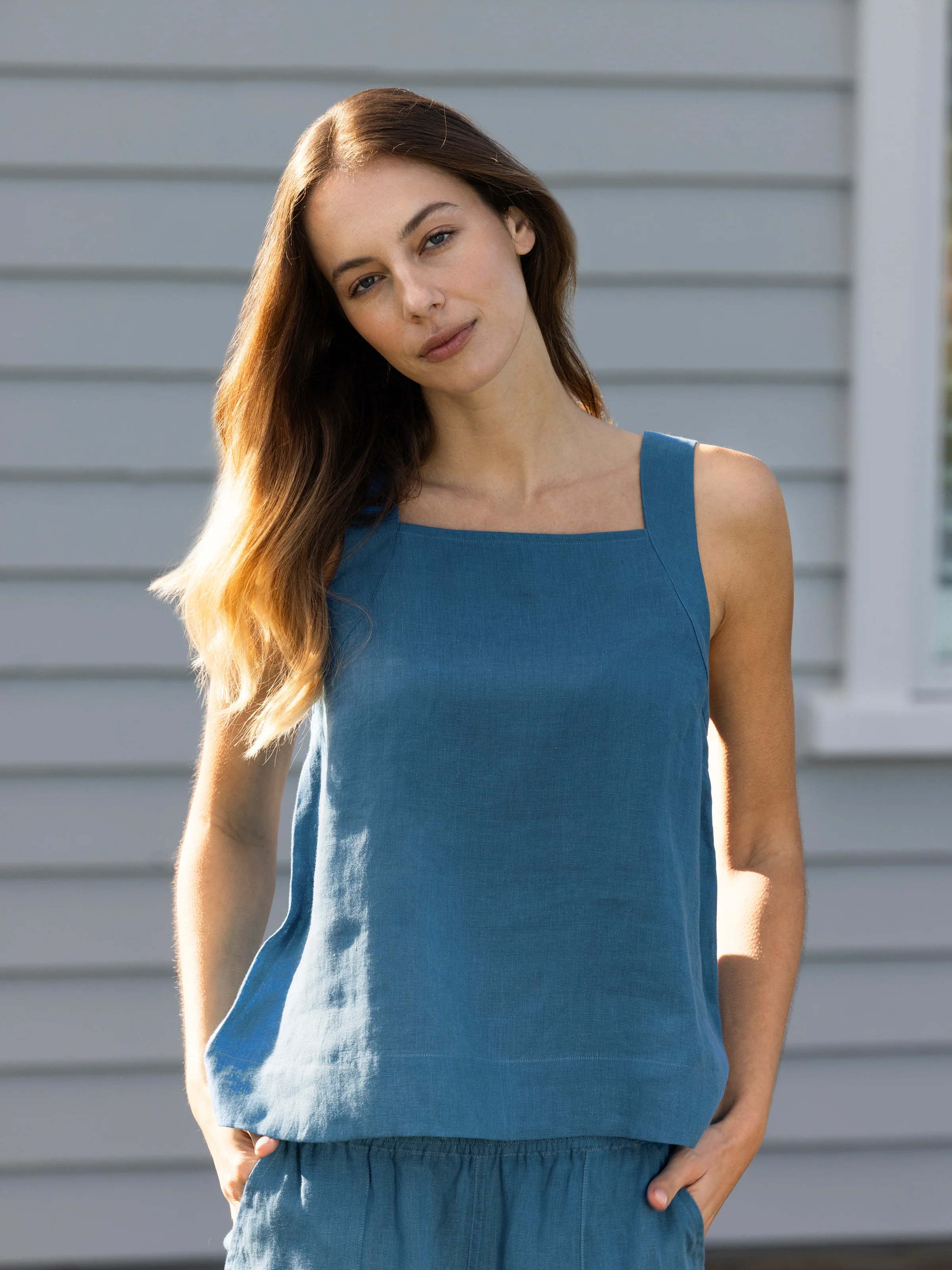 Monaco Linen Wide Strap Top in Ocean - Image 3
