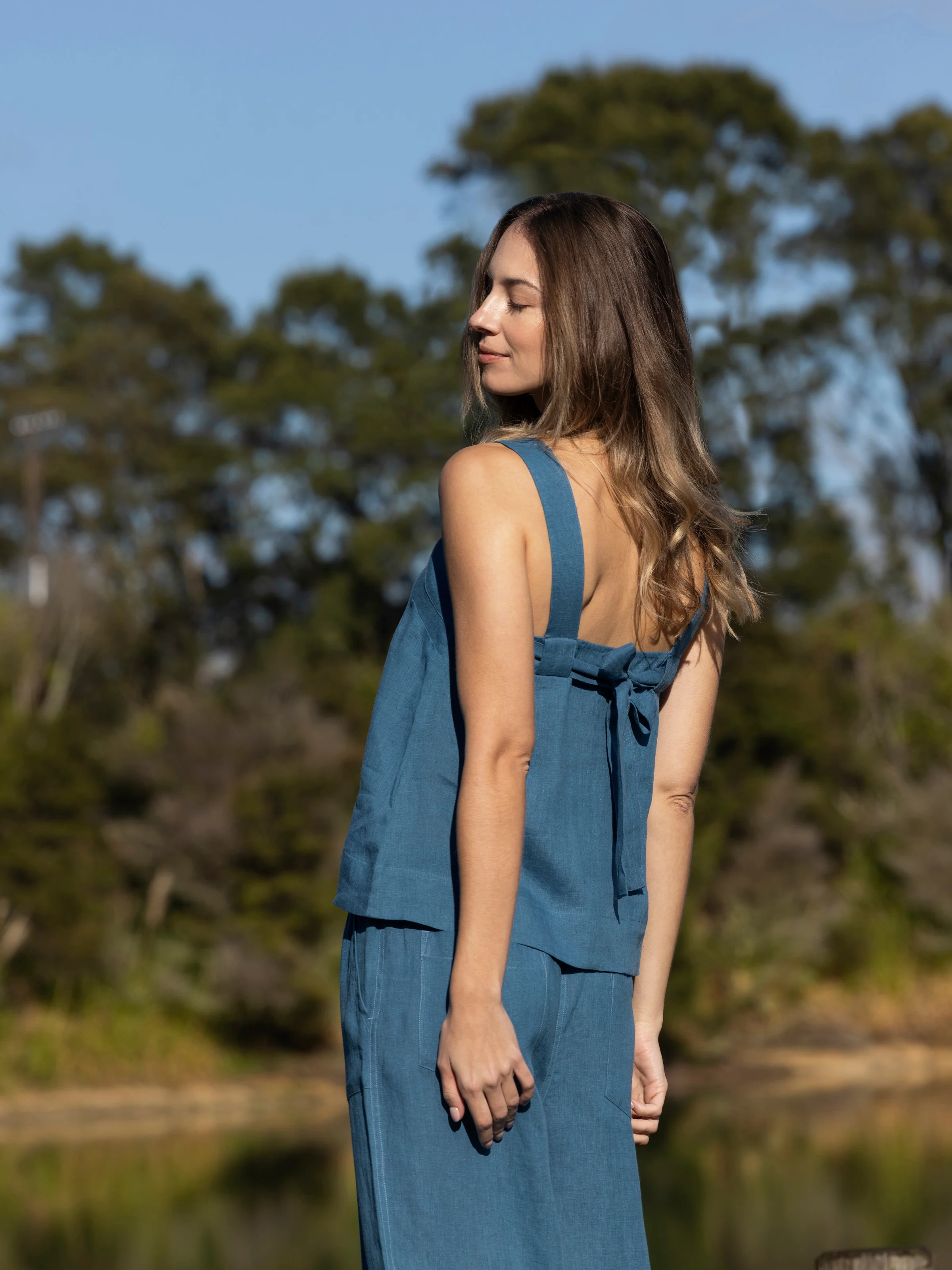Monaco Linen Wide Strap Top in Ocean - Image 5