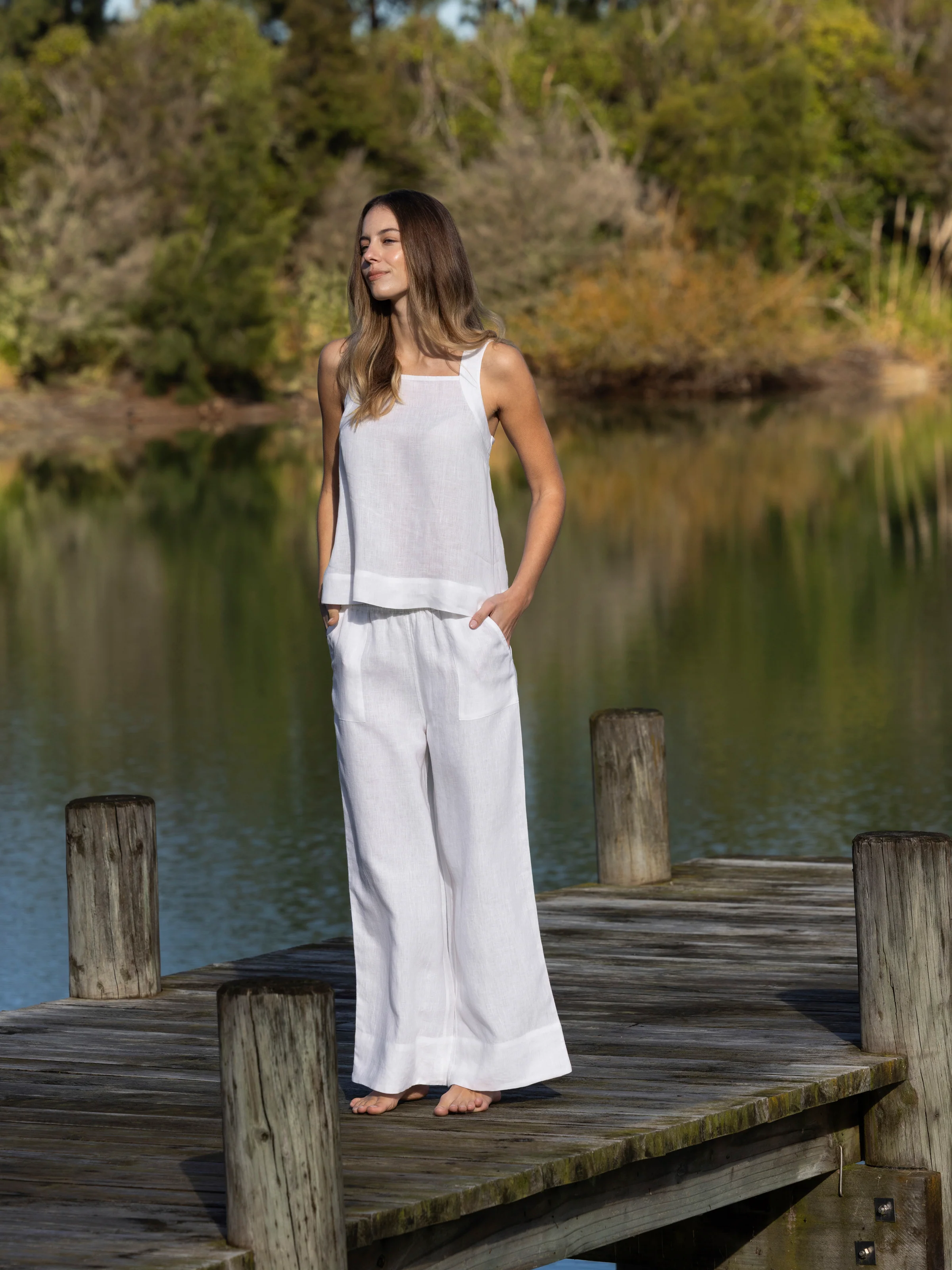 Monaco Linen Wide Strap Top in White - Image 3