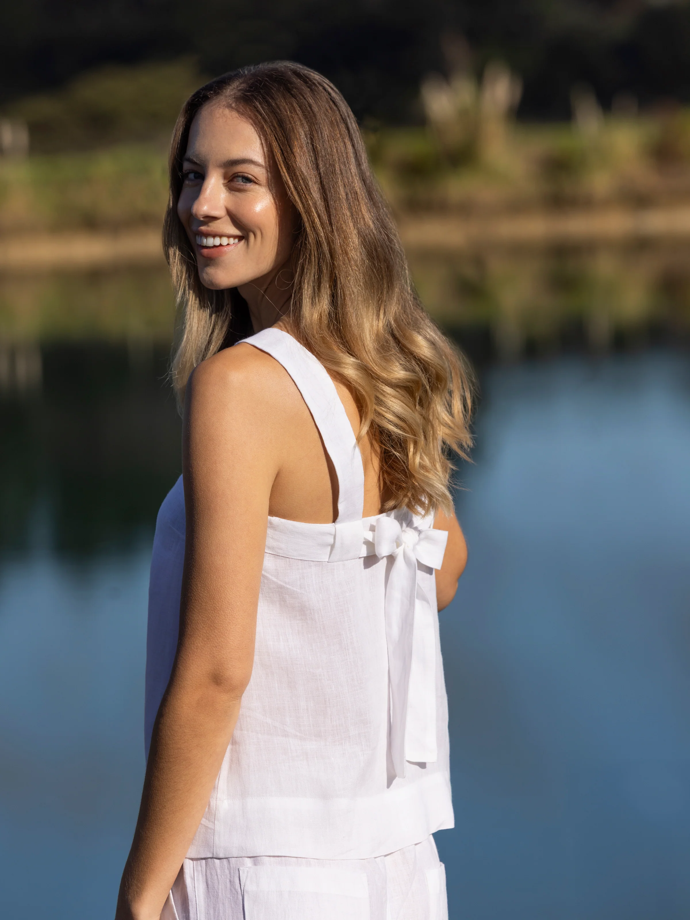 Monaco Linen Wide Strap Top in White - Image 5