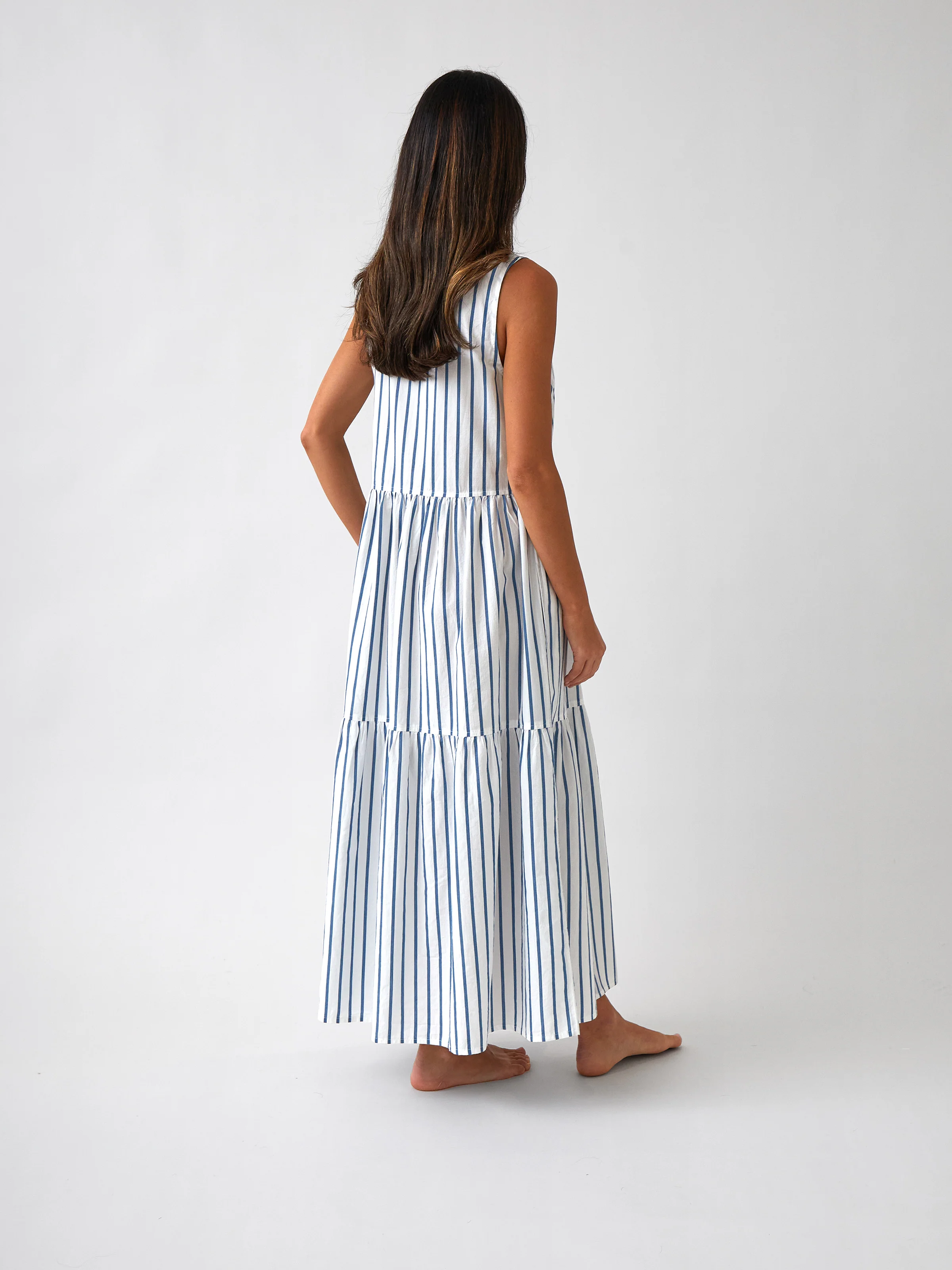 Rhodes Poplin Tier Dress in Blue Stripe - Image 4