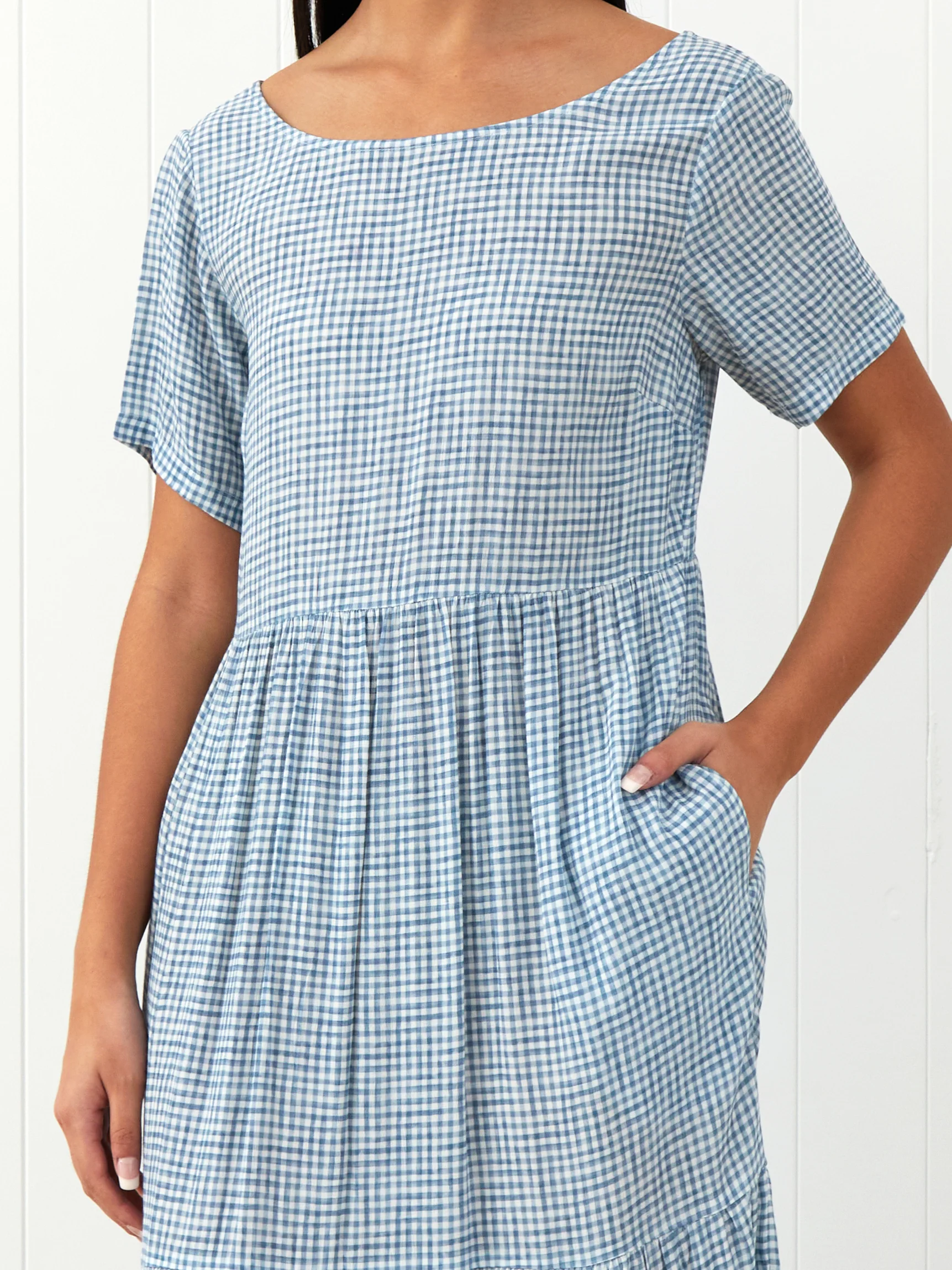Riviera Rayon Tier Dress in Blue Gingham - Image 3