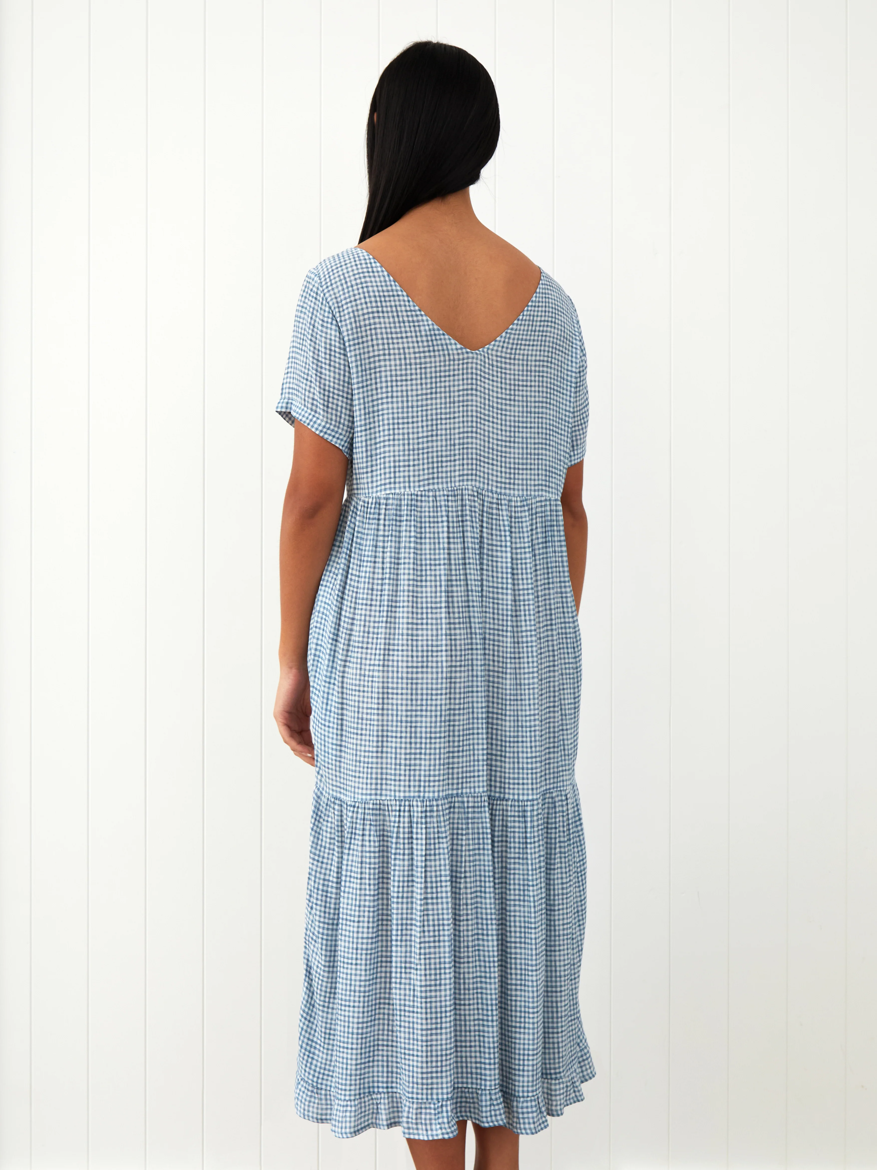 Riviera Rayon Tier Dress in Blue Gingham - Image 4