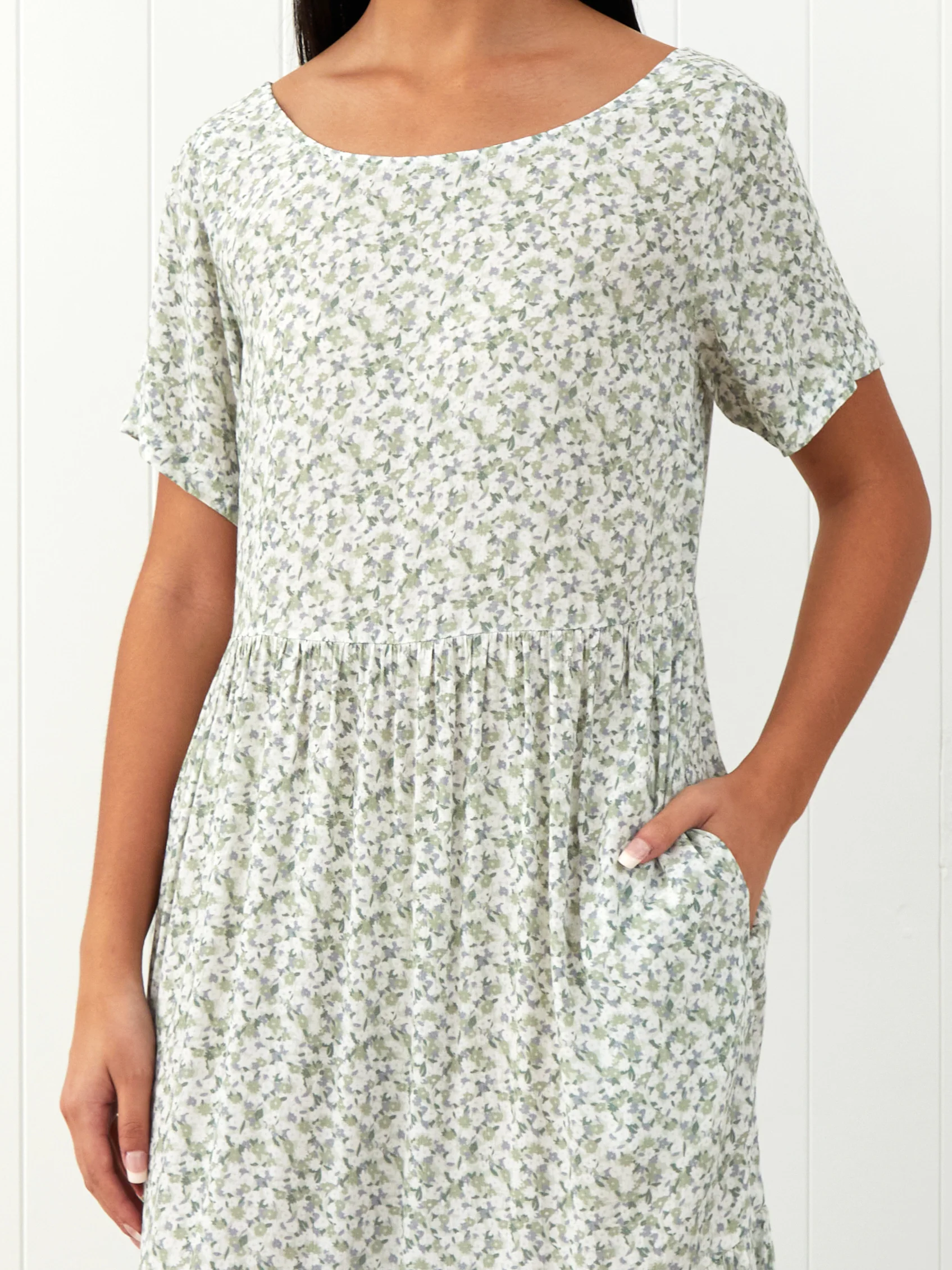 Riviera Rayon Tier Dress in Green Floral - Image 3