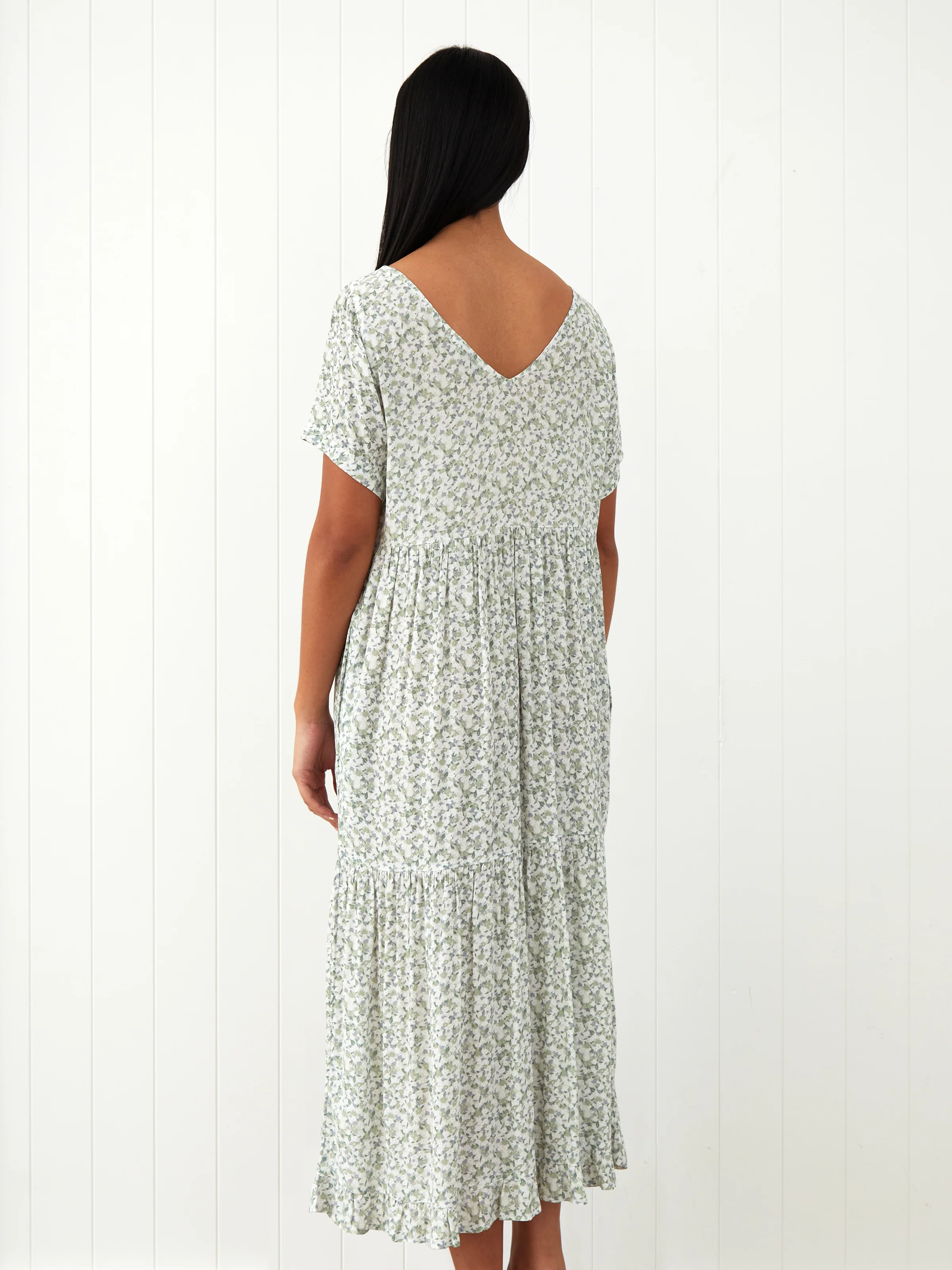 Riviera Rayon Tier Dress in Green Floral - Image 4