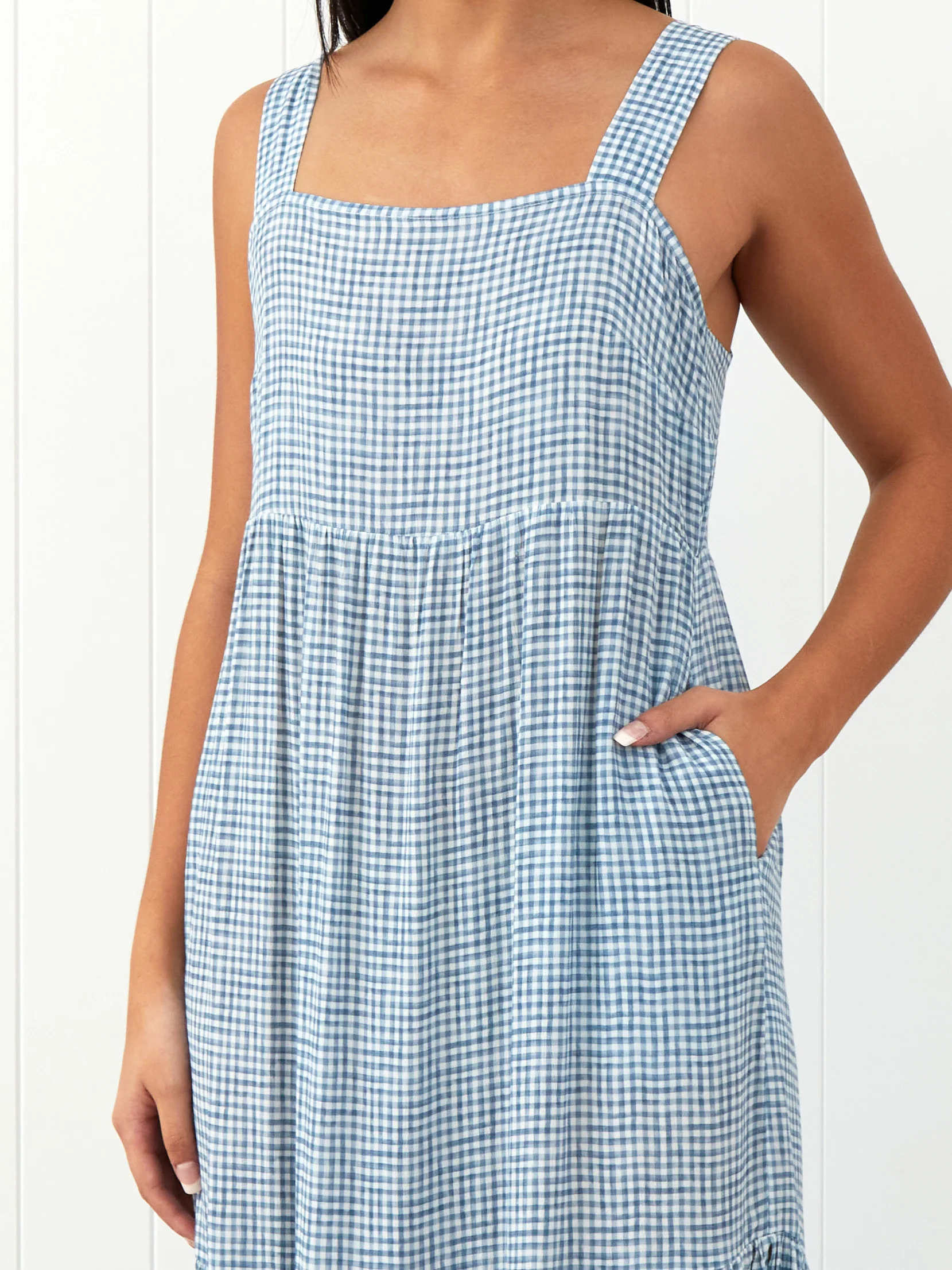 Riviera Wide Strap Rayon Dress in Blue Gingham - Image 3