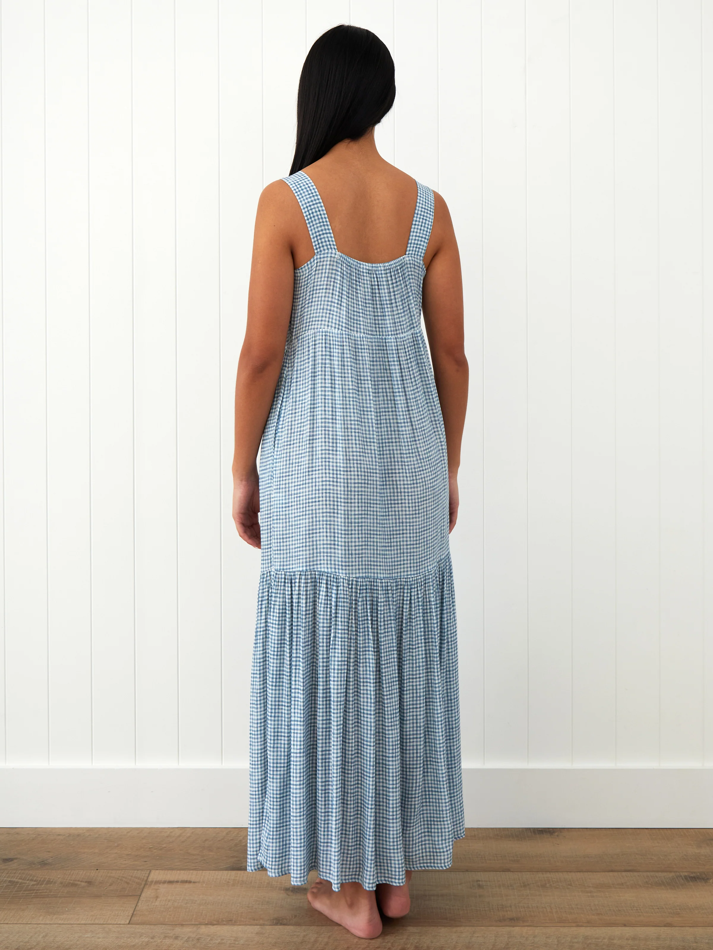Riviera Wide Strap Rayon Dress in Blue Gingham - Image 4