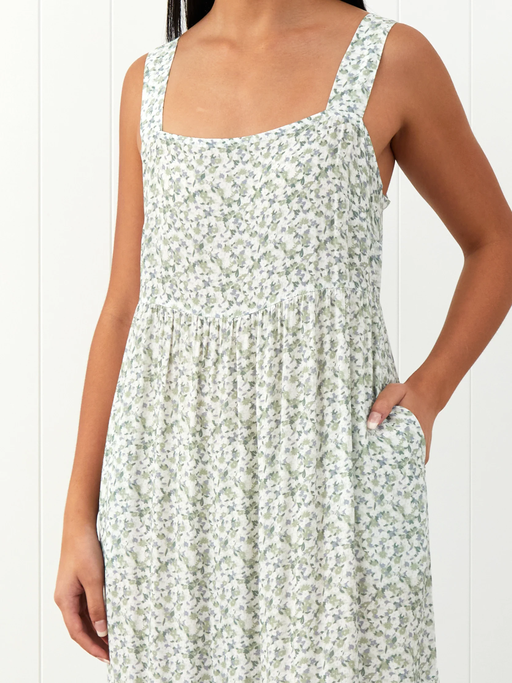 Riviera Wide Strap Rayon Dress in Green Floral - Image 3