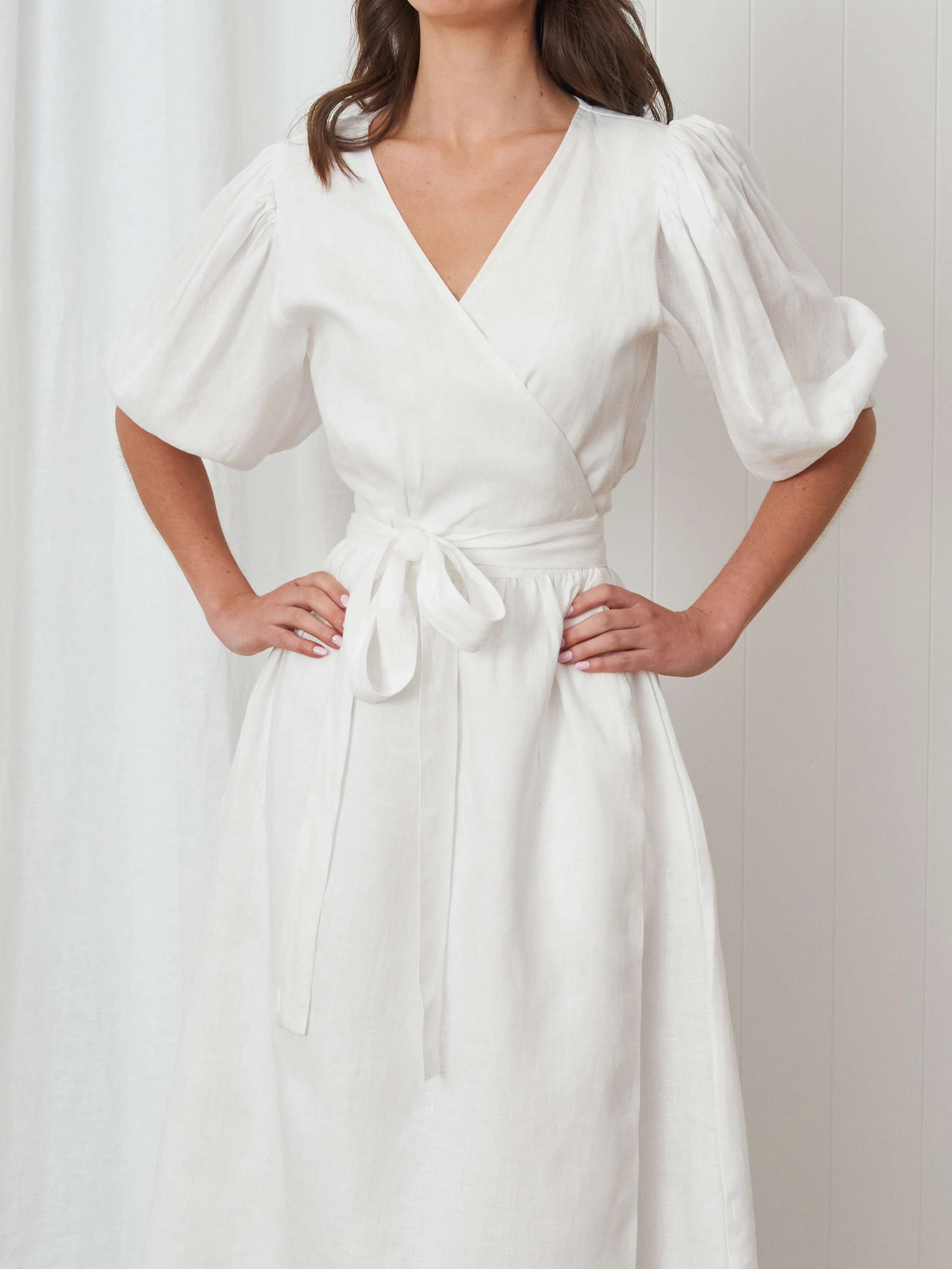 Voyager Linen Wrap Dress in White - Image 3